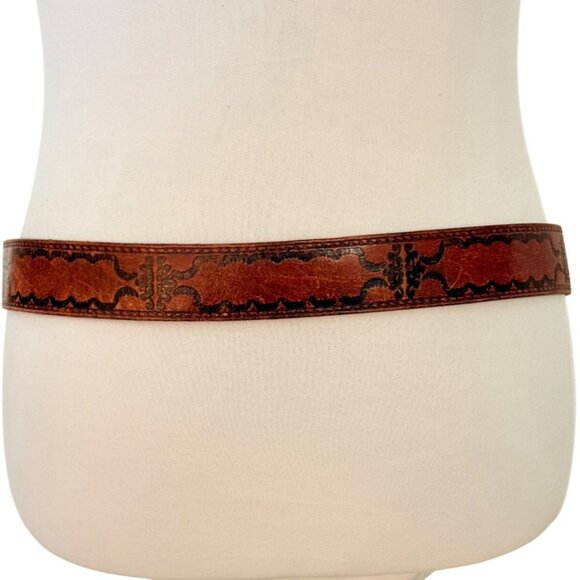 Rio Grande Western Tooled Belt Sz 38 Cognac Brown Steerhide Leather VTG Cowgirl - Picture 3 of 14